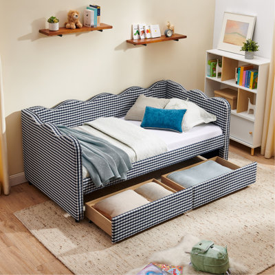 Lit de jour simple en vichy douillet avec deux tiroirs de rangement, avec port USB et adorable tissu en forme de vague