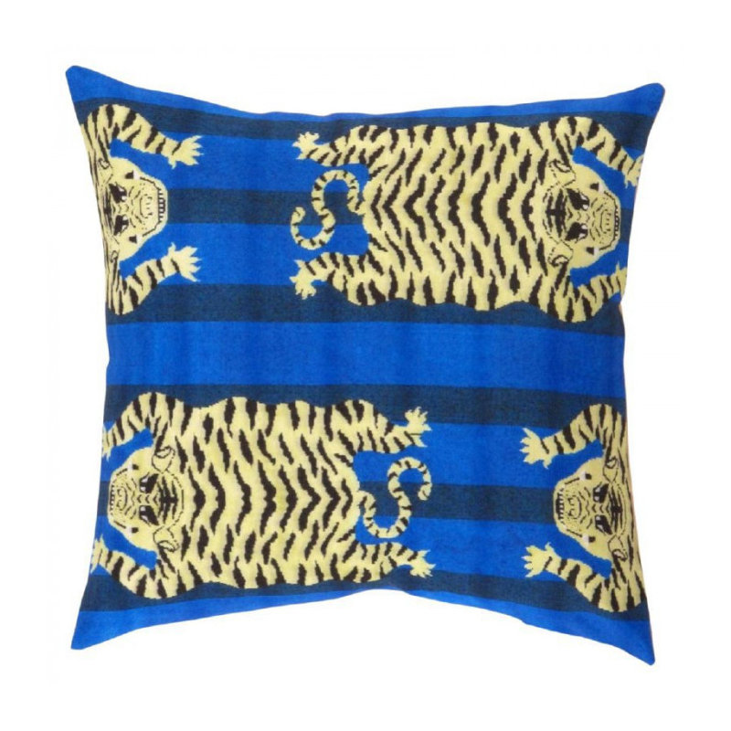 Pasargad Turkish Fine Silk tiger Pillow 16", Blue/Gold/Black, 20"H x 20"W
