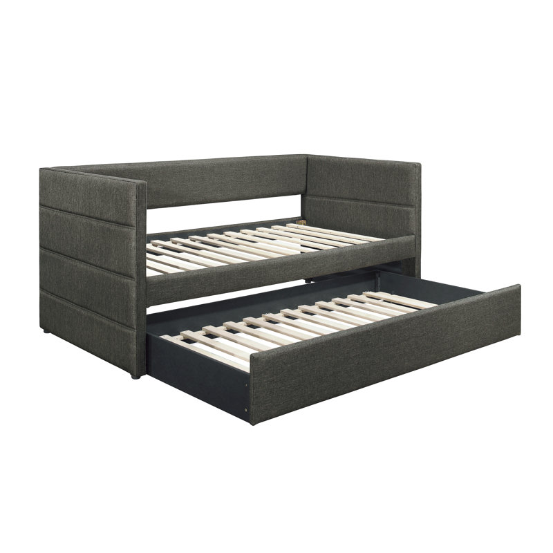 Modern Style Daybed With Trundle Dark Gray Fabric Upholstered Wooden Furniture 1Pc