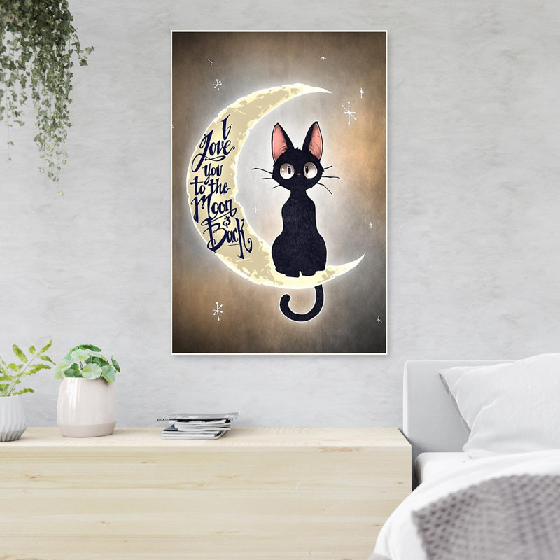 «Black Cat On The Moon - I Love You To The Moon And Black», reproduction d'art rectangulaire sur toile tendue 1 pièce
