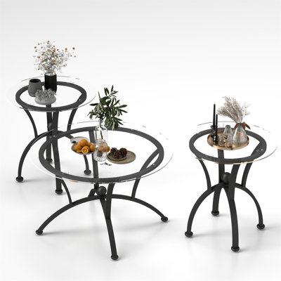 Ensemble de 3 tables basses en verre trempé (seulement avec table basse, sans chaises)