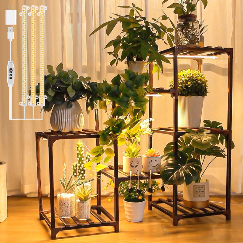 Tall Dark Brown Wooden Plant Stand with Full Spectrum Grow Lights