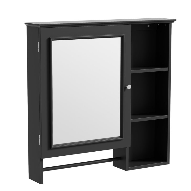 Armoire de salle de bain avec miroir, finition noire, 5 tablettes réglables et plus, grande porte murale élégante, 3 niveaux ouverts, matériau