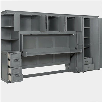 Twin Size Murphy Bed Wall Bed with Wardrobe, Cabinet and Desk, Gray