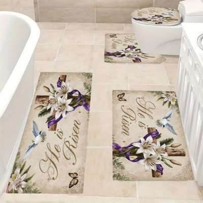 He is Risen Cross with Lilies, Bath Rug Set of 4 for Bathtub, Sink