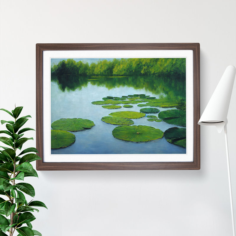 Lush Water Lily Pond - Single Picture Frame Painting, 46cm H x 64cm W x 2cm D, Walnut