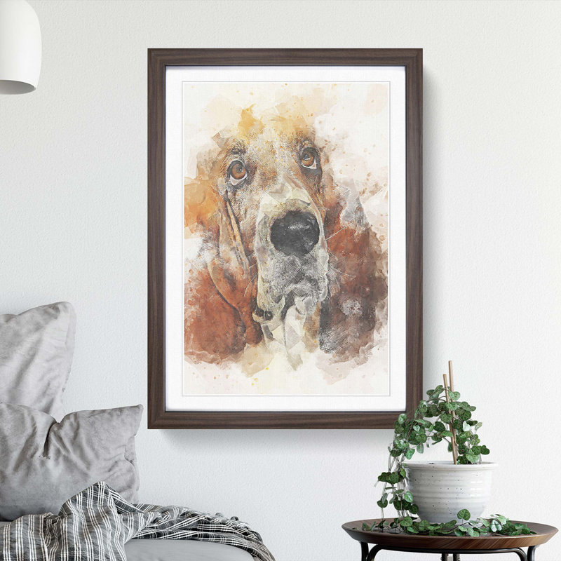 Basset Hound in Abstract - Picture Frame Painting Print, 65cm H x 48cm W x 2cm D, Walnut Framed