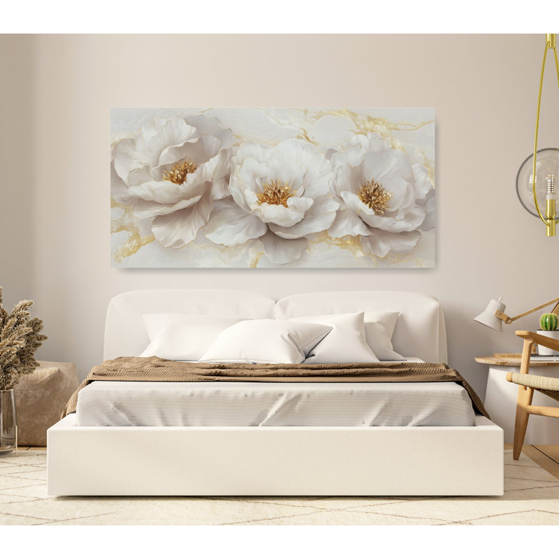 Grand art mural floral sur toile, décor de chambre à coucher moderne neutre, pivoine, H 24 po x l 48 po x P 1,5 po