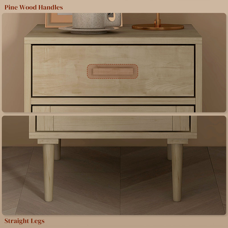Aleiyah Bedside Table with Rattan Drawer, Cabinet and Adjustable Shelf, Natural