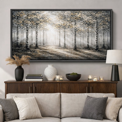 Foggy Forest Path Black and Gold Trees Landscape Wall Decor Extra Large Pictures Framed Canvas Print Wall Art