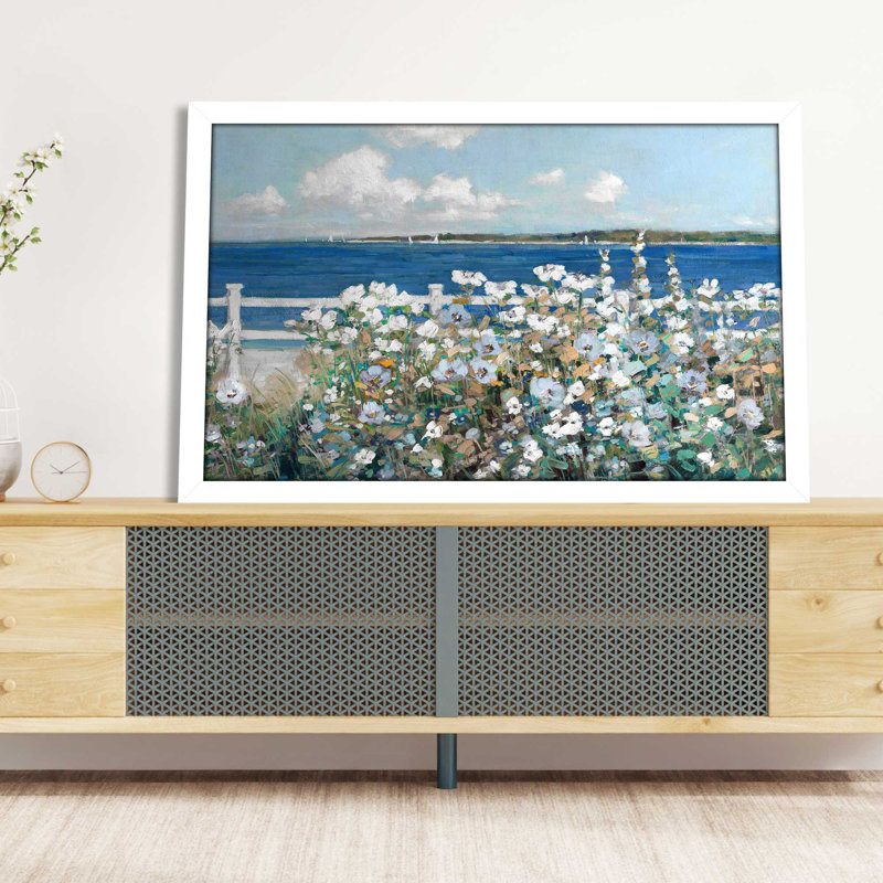 Bayside Garden par Sally Swatland - Peinture, L 39,5 po x H 27,5 po, Cadre blanc