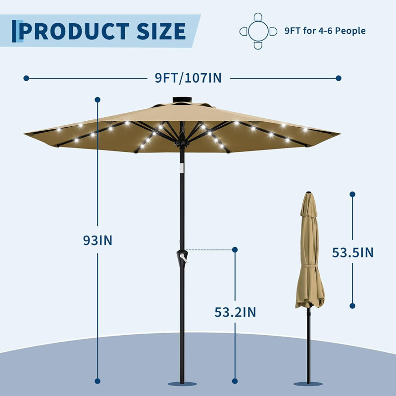 Parasol de patio 9 pi pour l'extérieur, parasol de table avec lumières solaires, 8 nervures robustes, protection contre les rayons UV pour le jardin, la piscine et la terrasse