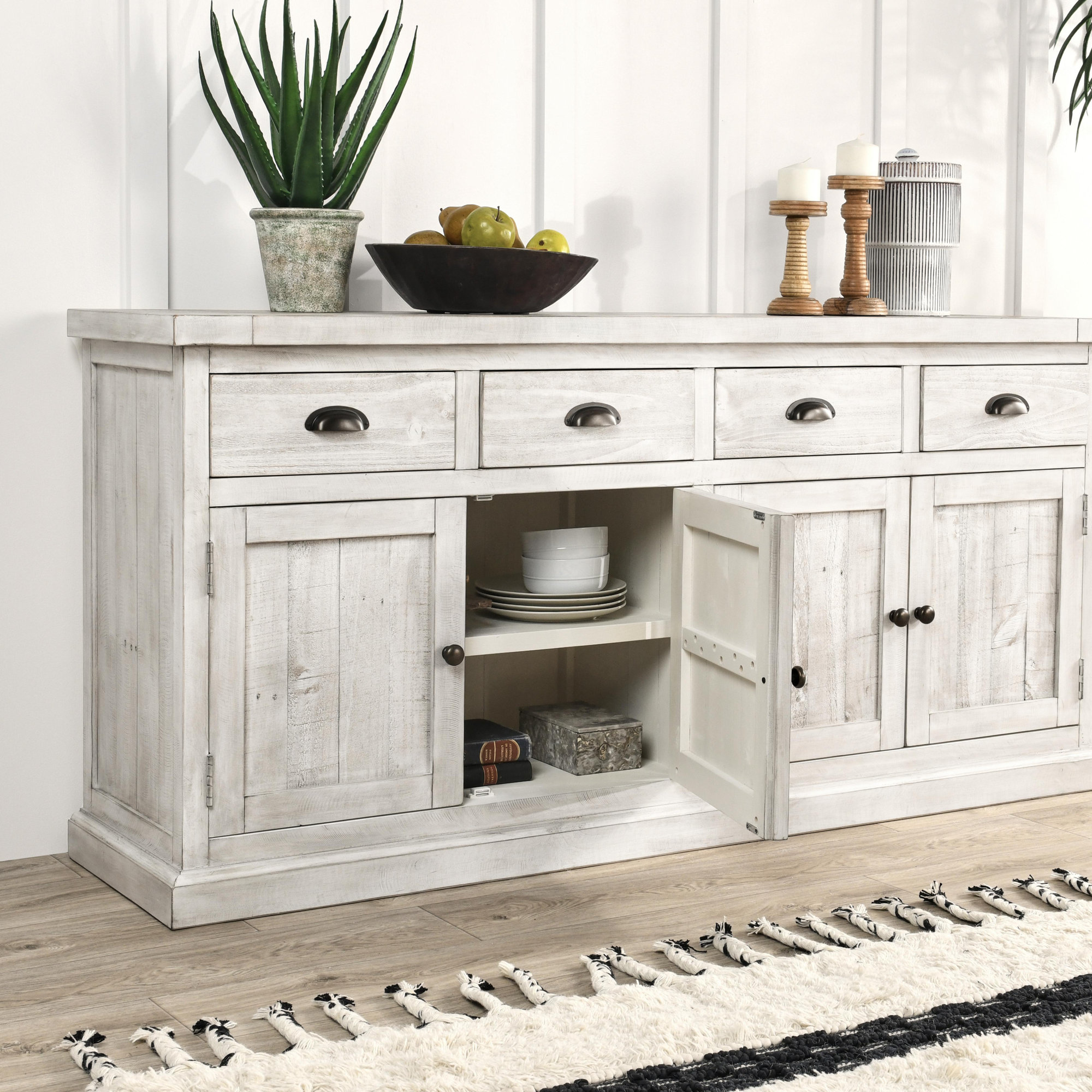 Kinston 74" Wide Solid Wood Sideboard, Distressed Ivory