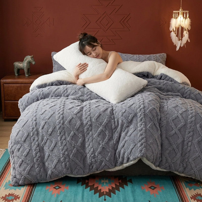 Édredon réversible en peluche gaufrée, épaisse couverture chaude moelleuse en gris, 53 po x 79 po, Lit simple, Gris