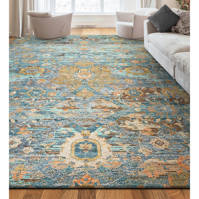 Tapis bleu et multicolore de haute qualité noué à la main, Rectangle 12 pi x 15 pi