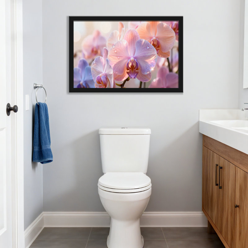 Plantes et fleurs orchidées douces avec gouttes de rosée, H 12 po x l 18 po, Noir, Impression encadrée sans passe-partout