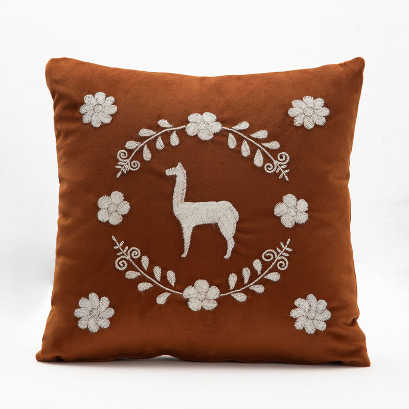 Llama Hand Embroidered Decorative Throw Pillows by Andean, In Stock, Brown/White