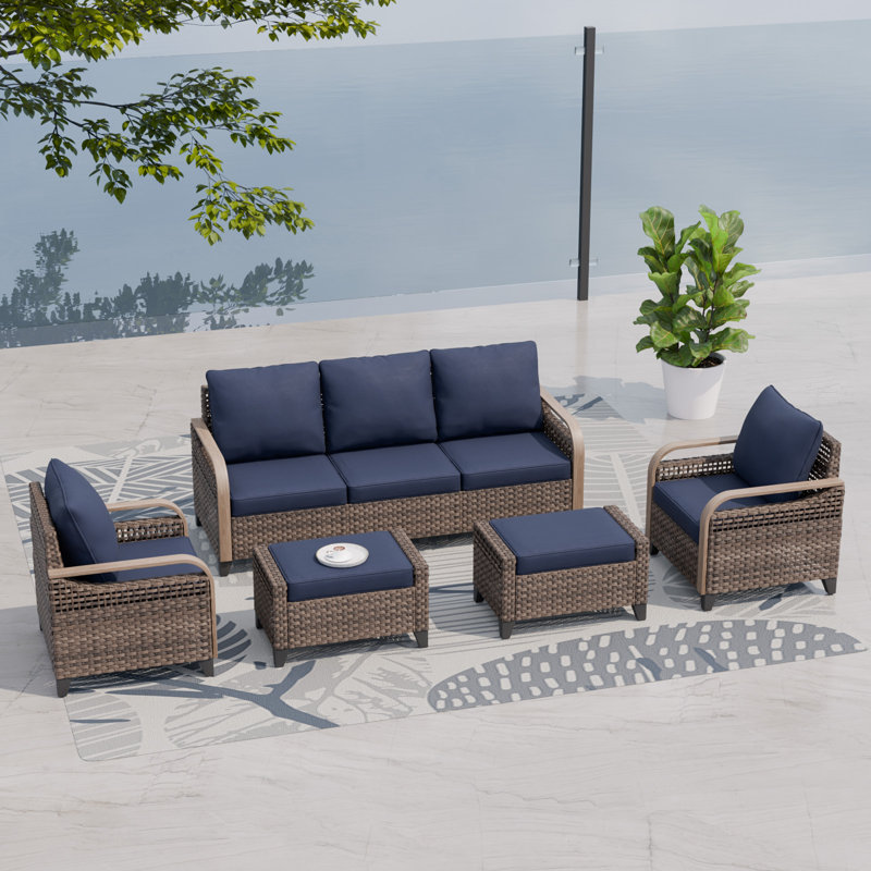 5 - Person Modular Patio Conversation Set with Cushions, Blue