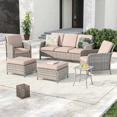 6 Piece Rattan Patio Sofa Set with  Ottomans and Table
