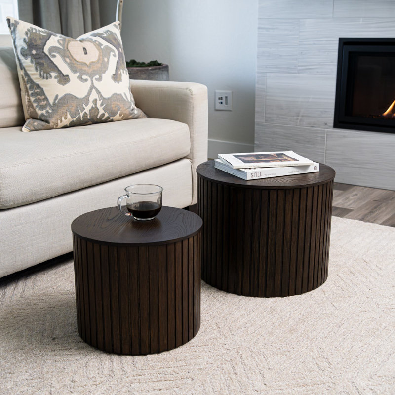 Maven Lane Austin Round Wood Nesting Coffee Tables with Storage, Brown