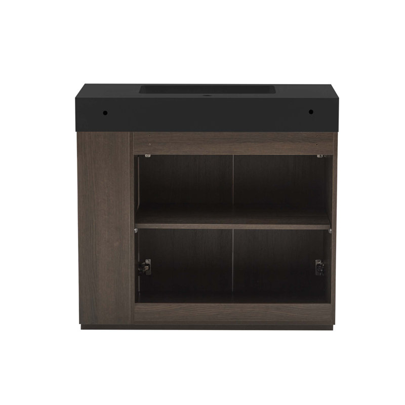 Meuble-lavabo sur pied en chêne fumé de 36 po avec évier, grand meuble-lavabo autoportant pour salle de bain moderne, lavabo une pièce à surface solide noire sans drain ni robinet, KD