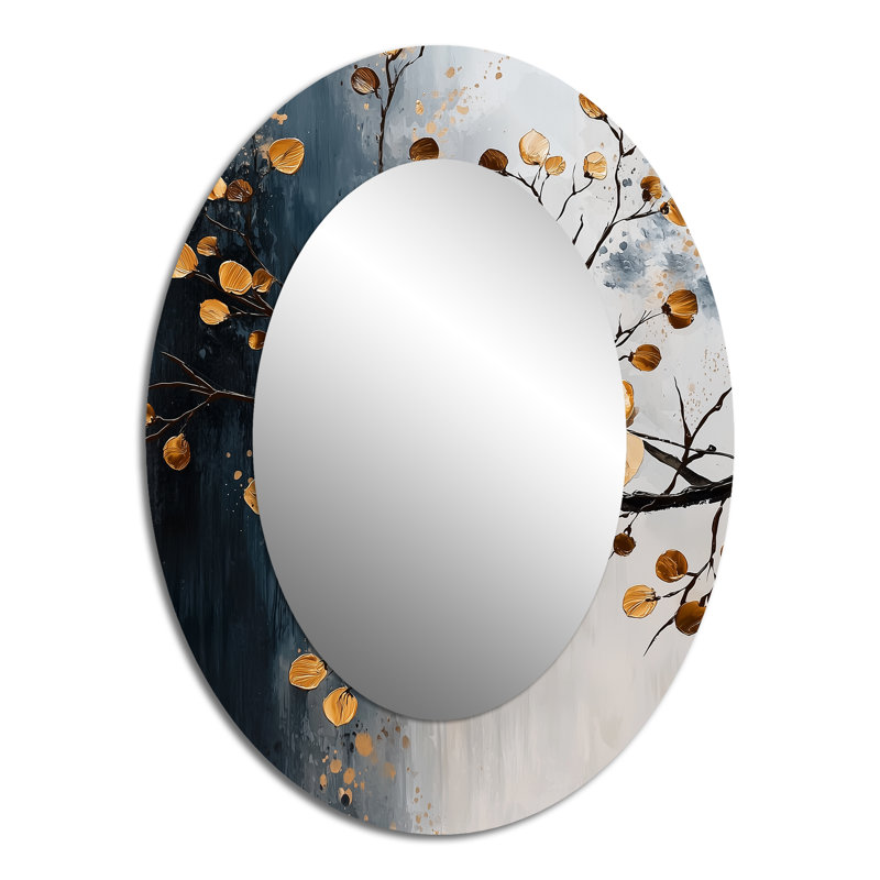Brown Black Botanical Cherry Blossom Trees - Brown Traditional Oval Wall Mirror, 40" x 30"