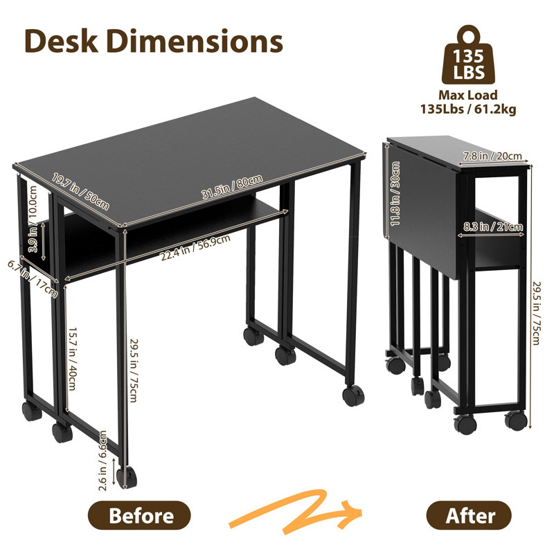 Table d'ordinateur portable 31,5 pouces avec roulettes pour petits espaces et tablette pour bureau à domicile, Noir