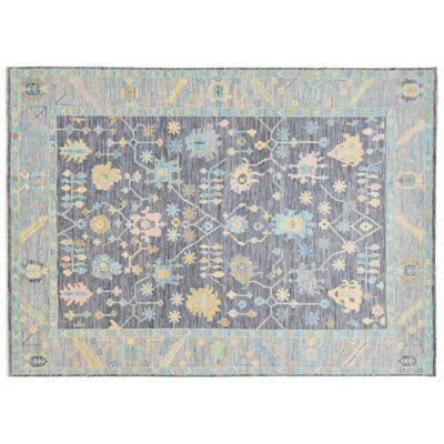 Tapis en laine noué à la main, style Londonshire moderne, couleur anthracite, bleu ciel et pastel.