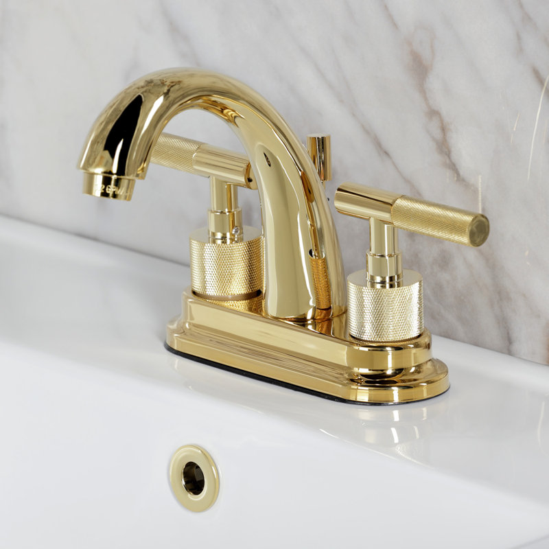 Robinet de salle de bain central à 4 trous à fixation sur comptoir à 3 trous avec poignée moletée et bonde escamotable en laiton Kingston