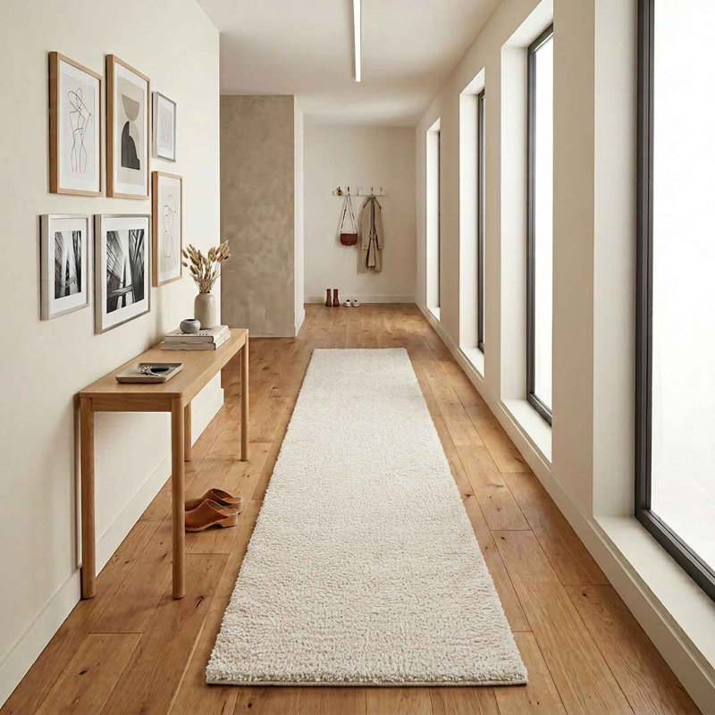 Ainsley Plain Living Room Shaggy Area Rug Modern Soft Pile Polyester Rug, Cream, Runner 60 x 220 cm