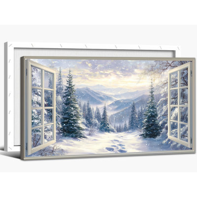 Grandes photos d'hiver - vue de fenêtre, scène d'hiver, art mural pour salon, forêt enneigée, peinture de Noël pour la décoration intérieure, impressions sur toile encadrée, 30 po x 60 po