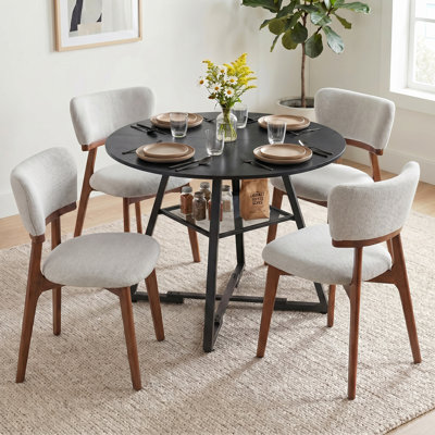 Industrial Round 42in Black Dining Table & 4-piece Light Gray Upholstered Solid Wood Dining Chair, Fixed Kitchen Table With Mesh Storage Shelf And Cro