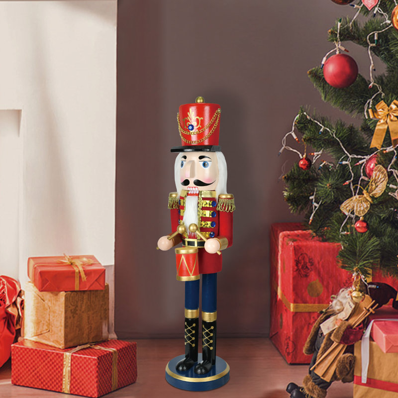 Handmade Wood Nutcracker Drummer Soldier Statue, 18" H x 4.1" W x 5.5" D