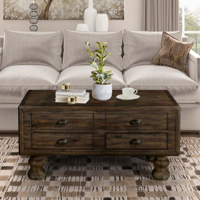 Table basse rectangulaire en bois massif pour le salon, 40 pouces avec 4 tiroirs, finition antique et beaucoup de rangement