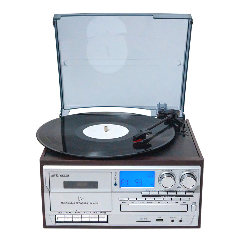 Centre de musique avec tourne-disque à 3 vitesses Victor CDR-4200 Cosmopolitan avec lecteur de disques à 3 vitesses, lecteur CD / MP3 / cassette, radio AM / FM, double entrée et sortie Bluetooth, lecture et enregistrement USB et haut-parleurs stéréo 