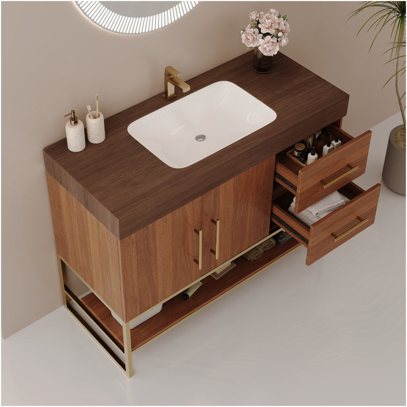 36" Modern Free-Standing Bathroom Vanity With Seamless Ceramic Sink & Sintered Stone Top, Walnut