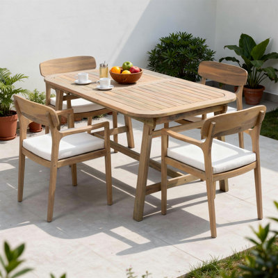 Oriel Scandinavian Modern Extendable Acacia Wood Outdoor Dining Set with Upholstered Chairs