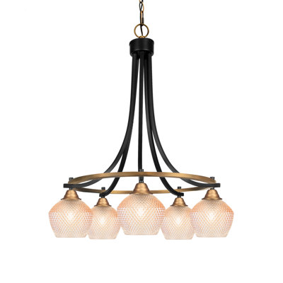 Waterville 5 Light Downlight Chandelier Shown In Matte Black & New Age Brass Finish With 6" Amber Textured Glass