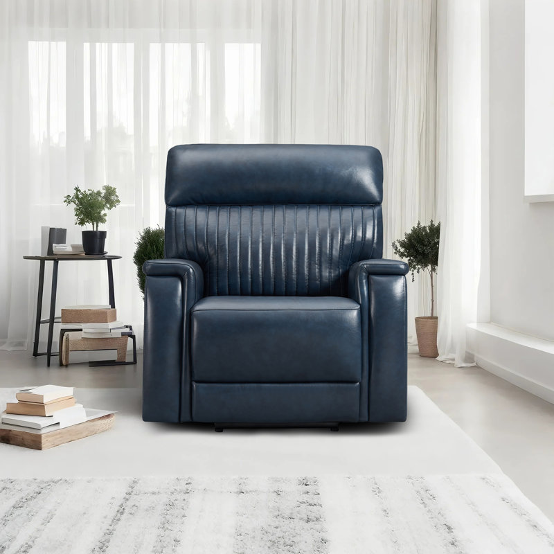 Genuine Leather Zero Gravity Power Motor Recliner Chair with Adjustable Headrest, Navy Blue