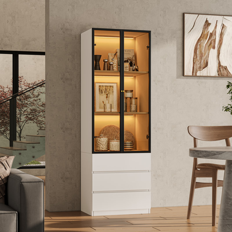 Vaisselier avec fenêtre à 3 niveaux Crafton H 70,9 po blanc, Blanc, H 70,9 po x l 23,6 po x P 15,7 po