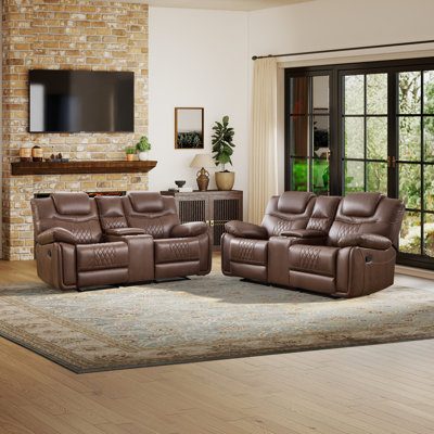 2-Piece Classic Faux Leather Living Room Set With Manual Reclining Loveseats, Console With Cup Holders & Storage