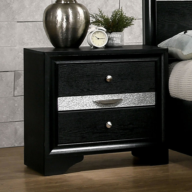 Chambre à coucher avec table de chevet 3 tiroirs en noir avec un design contemporain pour la décoration