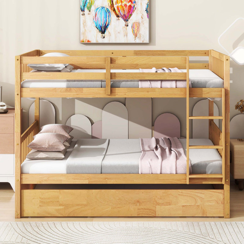 Lit superposé double en bois d'hévéa double avec lit gigogne simple, échelle et garde-corps, convertible en 2 lits doubles, naturel