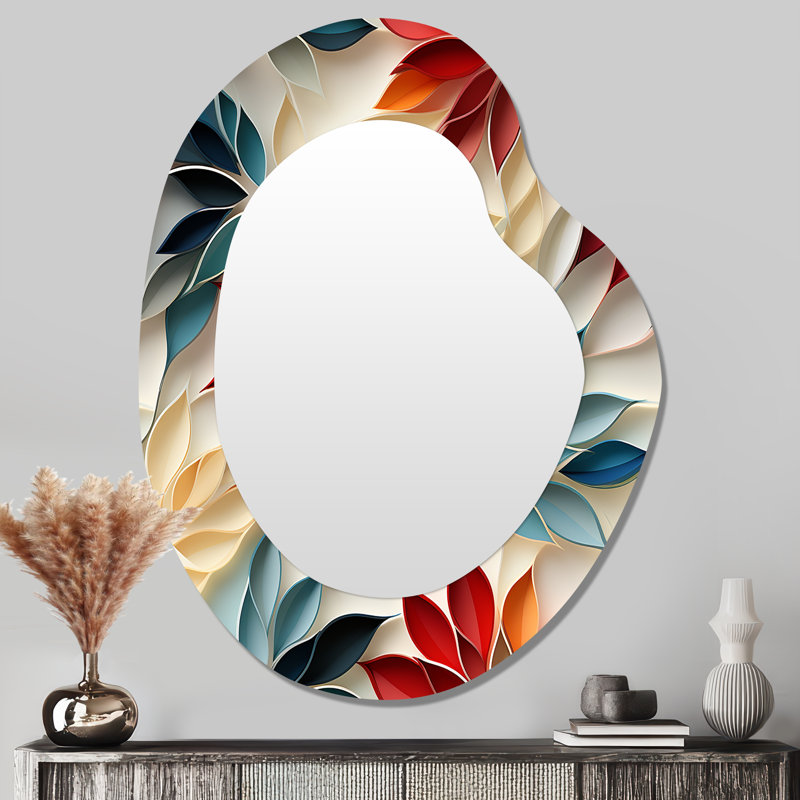 Rouge et bleu, mosaïque florale zen - grand miroir de forme botanique unique, décor de miroir mural asymétrique bohème, impression d'art en métal