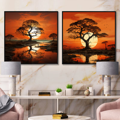 Coucher de soleil silhouettes d'arbre baobab