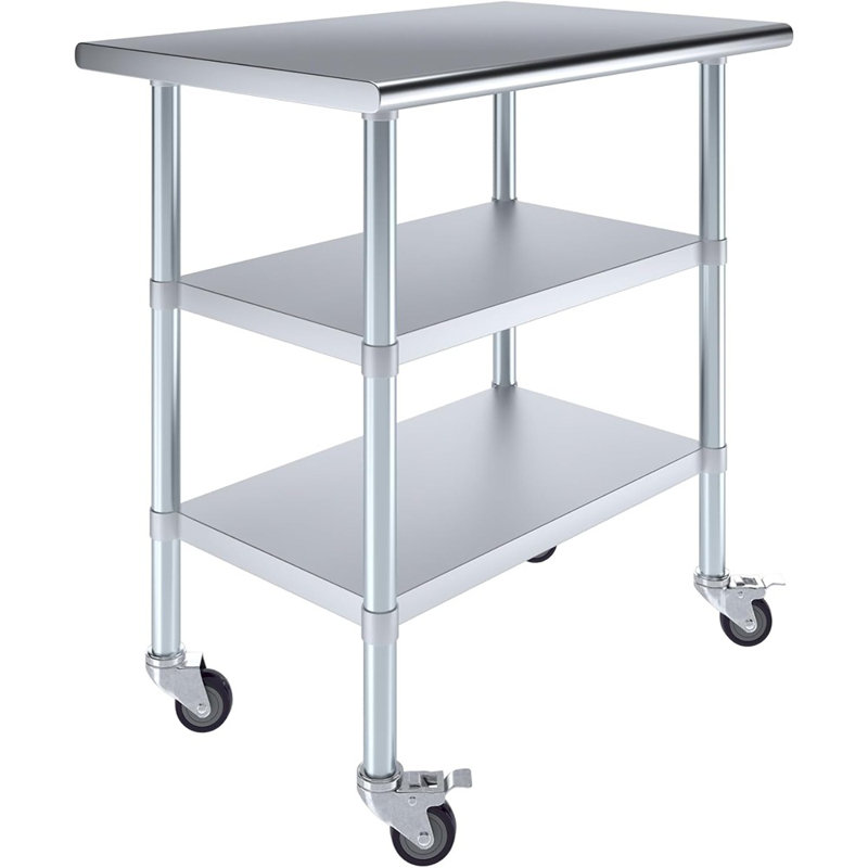 Table de travail en acier inoxydable avec 2 tablettes et roulettes | M ...