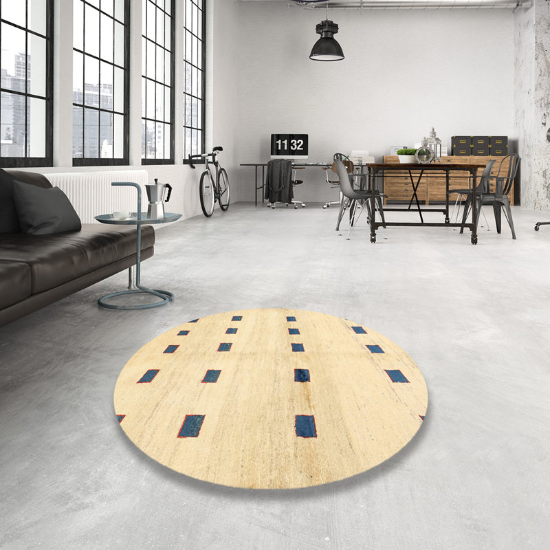 Tapis beige / bleu à motif géométrique Leverett, Rond 8 pi