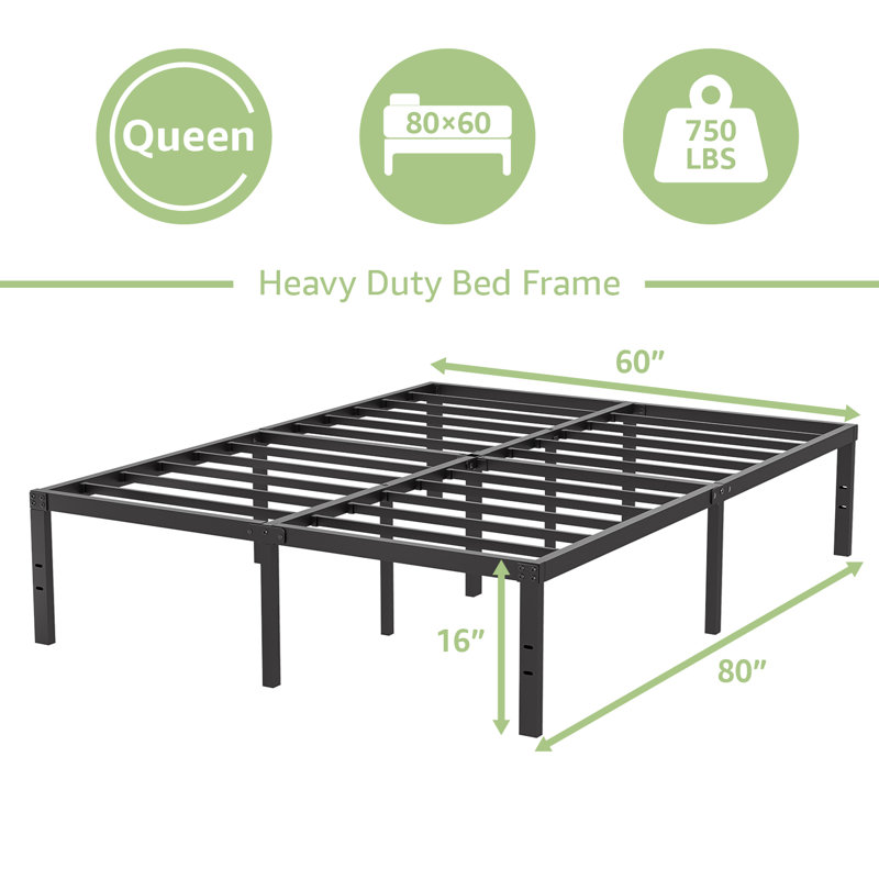 16" Black Metal Bed Frame Headboard Compatible Platform Bedframe, Queen