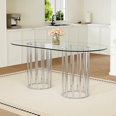 71 Inch Oval Tempered Glass Dining Table,Double Column Light Luxury Style,Tempered Glass Scratch Resistant And Easy To Clean.Suitable For 6-8 People Dining, Modern Light Luxury Restaurant Table.