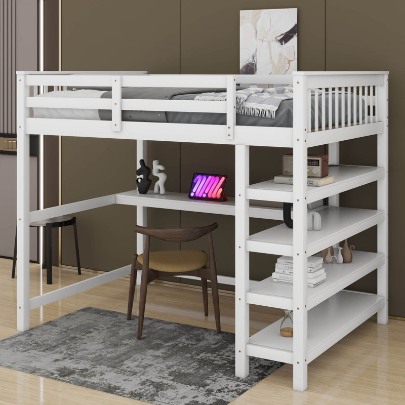 Full Size Loft Bed With Shelves And Under-Bed Desk, White